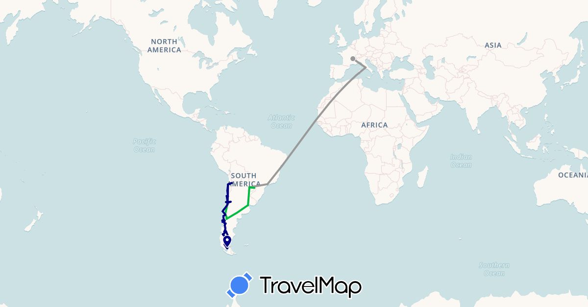 TravelMap itinerary: driving, bus, plane in Argentina, Brazil, Chile, France, Italy, Paraguay (Europe, South America)